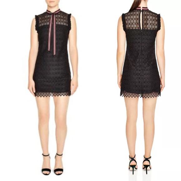 SANDRO Paris Fidele Tie-Neck Lace Mini Dress Black Sleeveless Cocktail Sz S - Picture 1 of 11